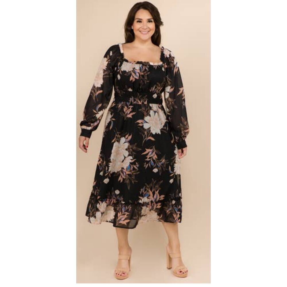 WINSLOW Puff Shoulder/Sq Neckline/ flowy maxi dress / Black Floral Print